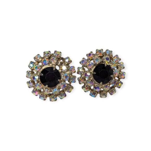 Vintage Gold Tone Aurora Borealis Rhinestones & Black Gem Round Clip On Earrings - Picture 4 of 6